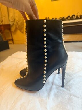 Aquazzura Black Leather Pearl-Trim Ankle Boots